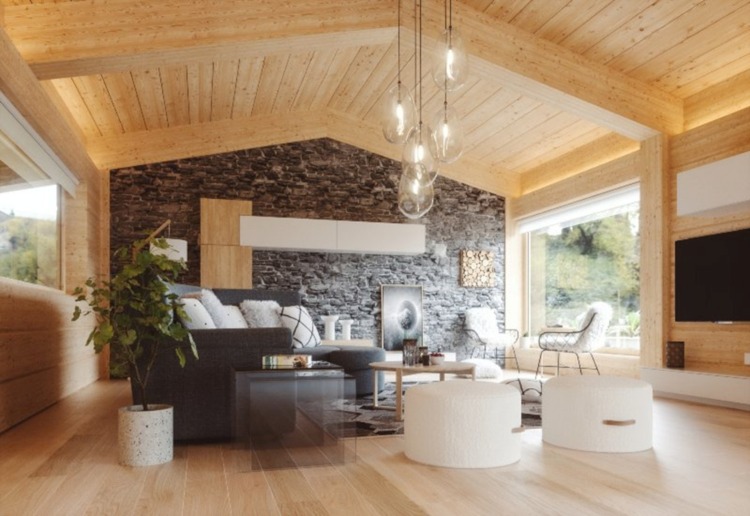 Modern rustic living room in Colorado with large windows and wood beams