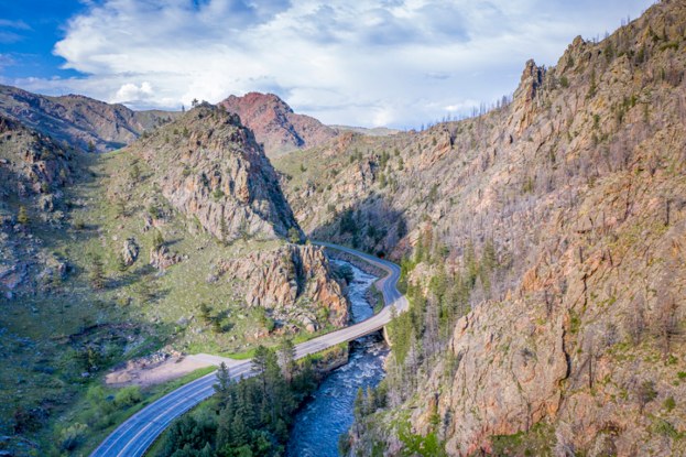 Poudre River and Canyon -aerial view with spring scenery